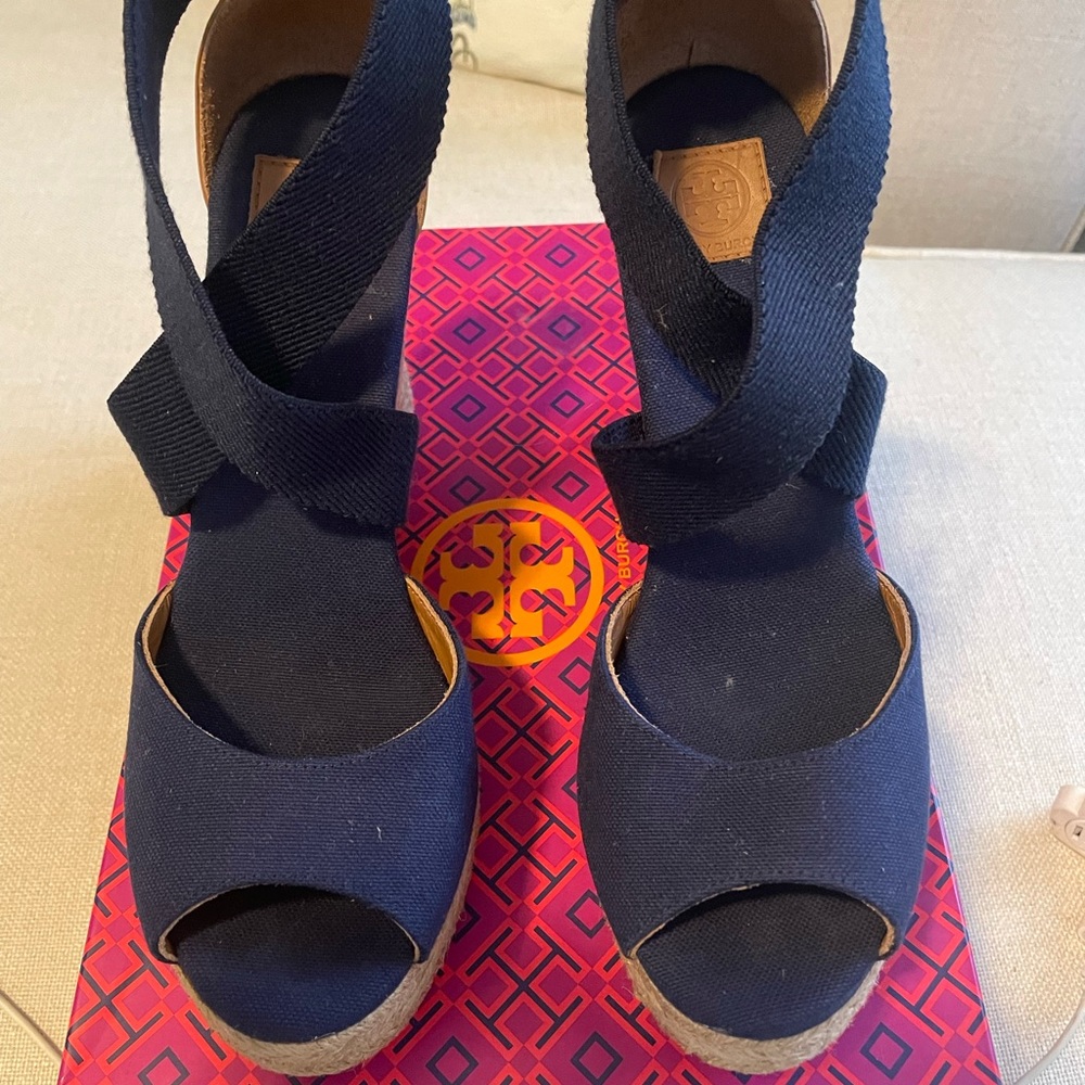 Tory Burch Navy 115 MM peep toe cork wedge
